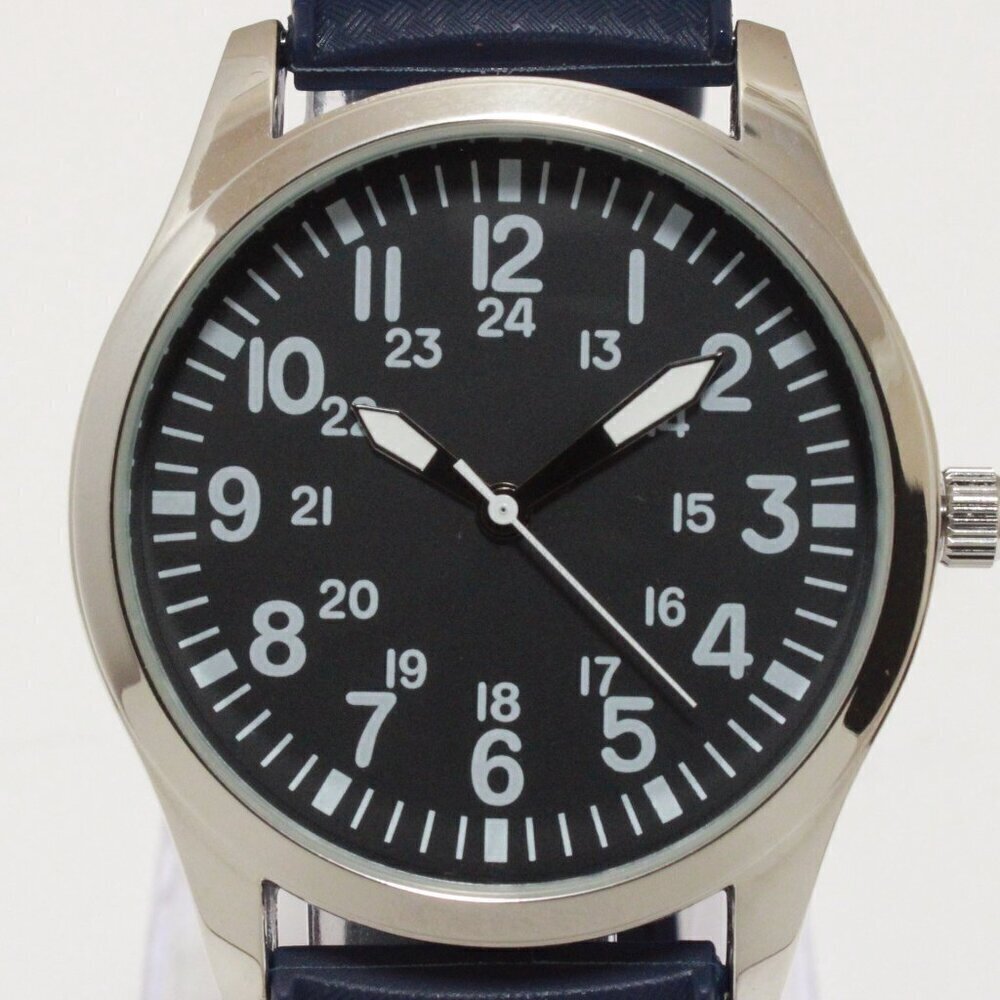 Men's Quartz Field Watch Silver Tone Case Blue Tropical Rubber Strap 42mm - Picture 9 of 12